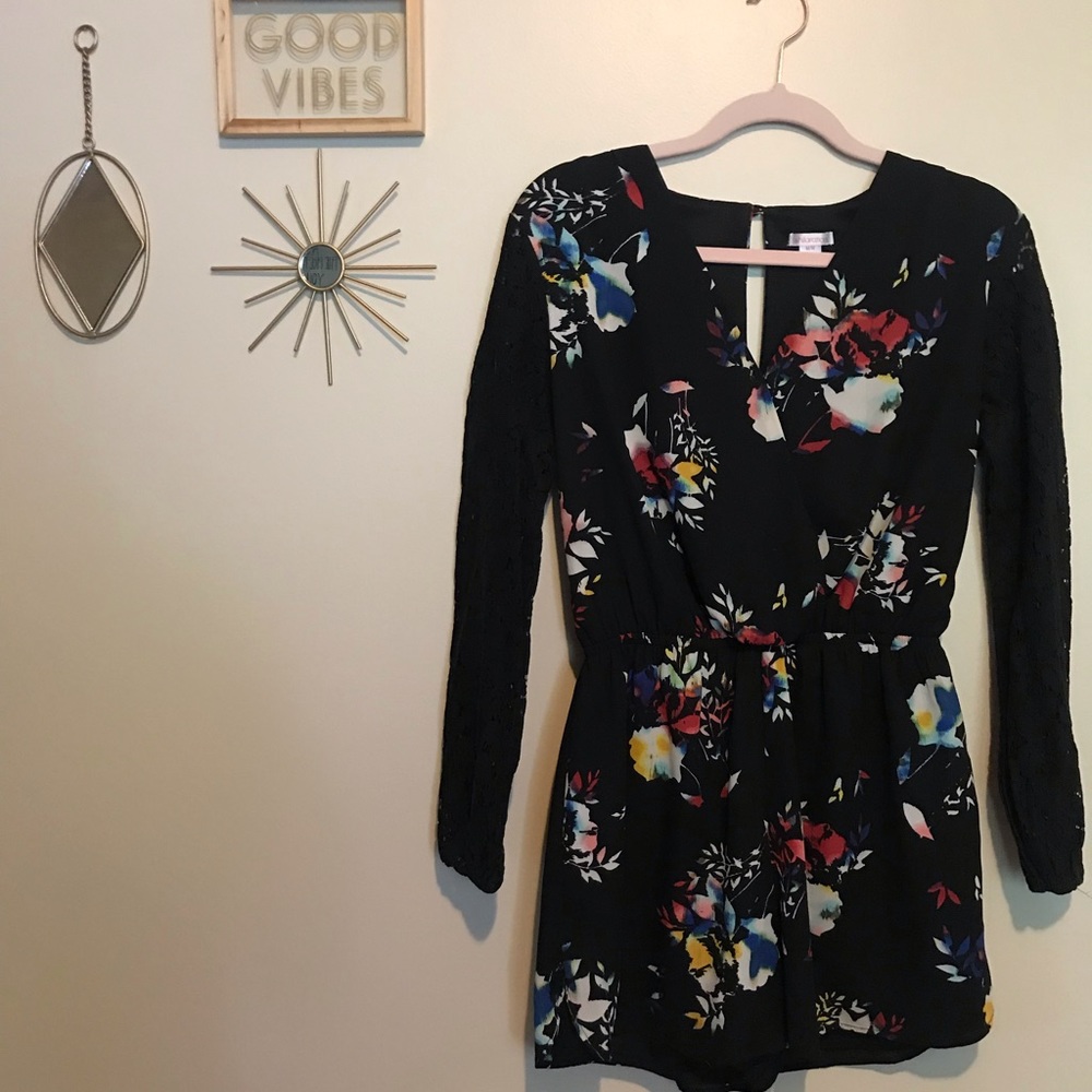 Black Floral Romper with Lace Sleeves